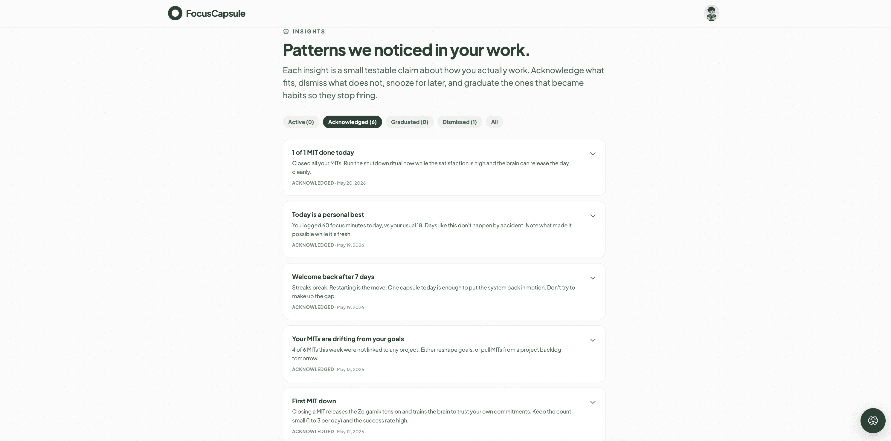 Dashboard with today's intent, insight card, and weekly snapshot