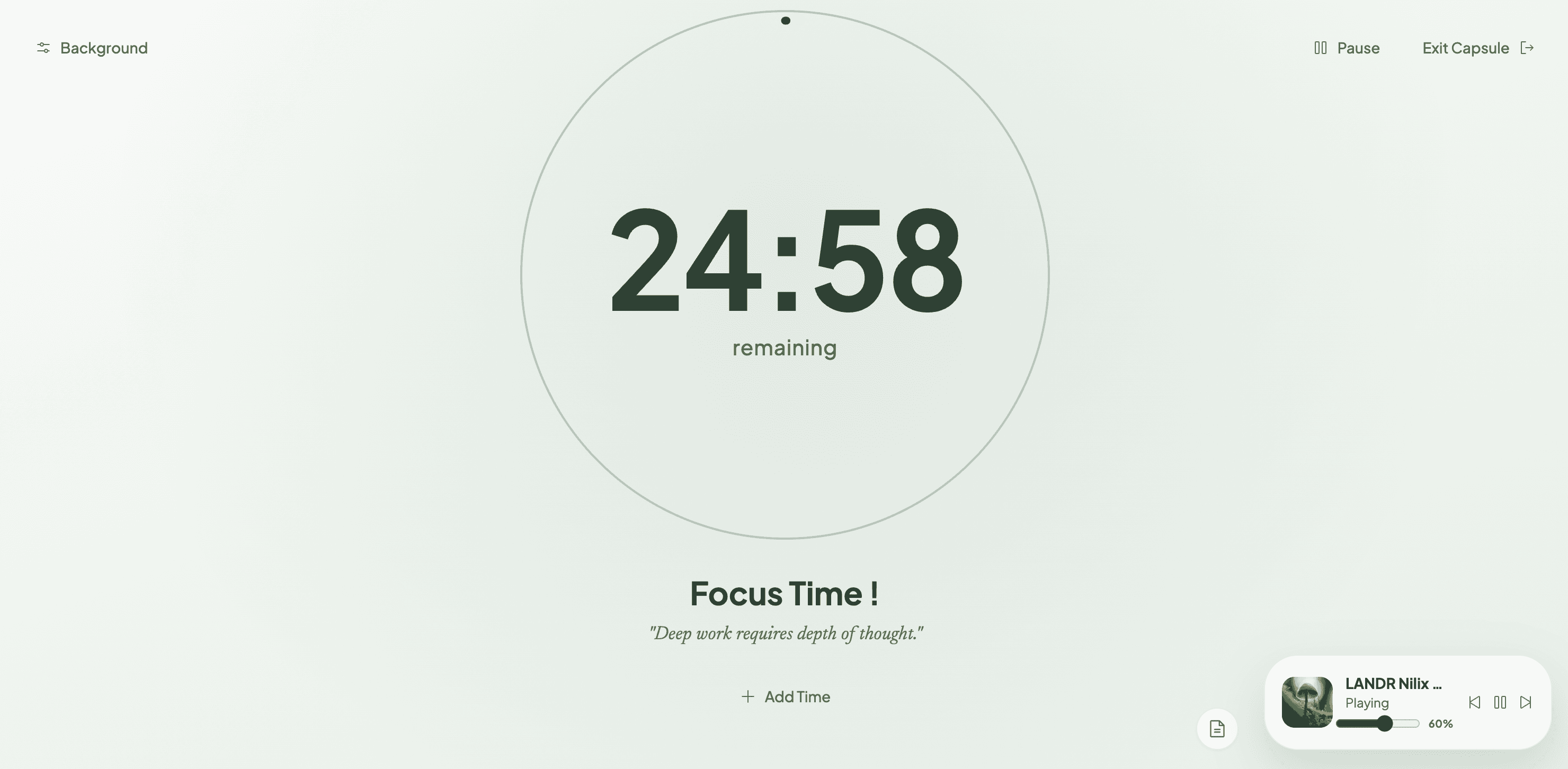 FocusCapsule app showing an active focus session with a countdown timer