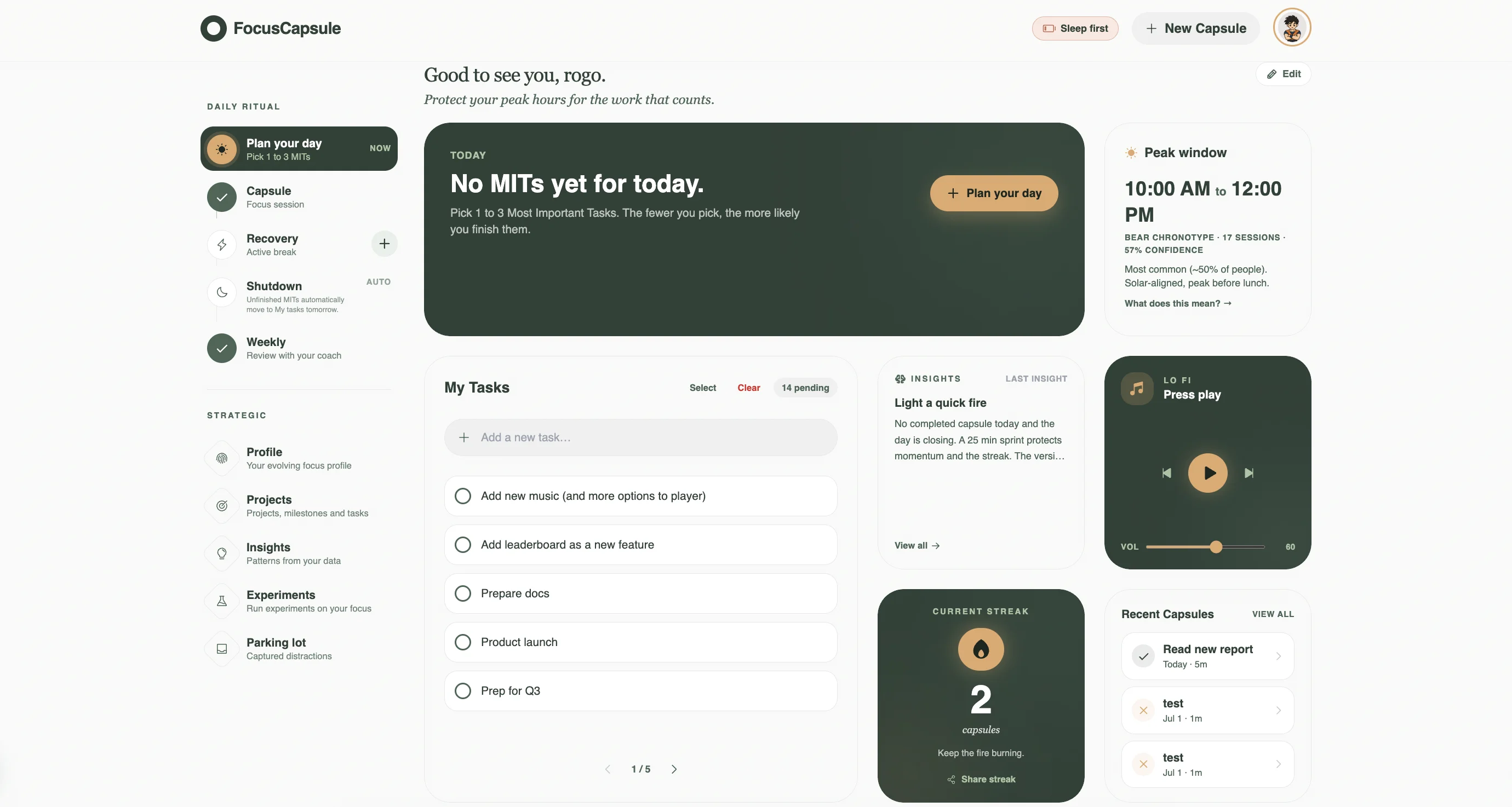 Focus Capsule dashboard showing the daily ritual, today's tasks, peak focus window, and personal insights