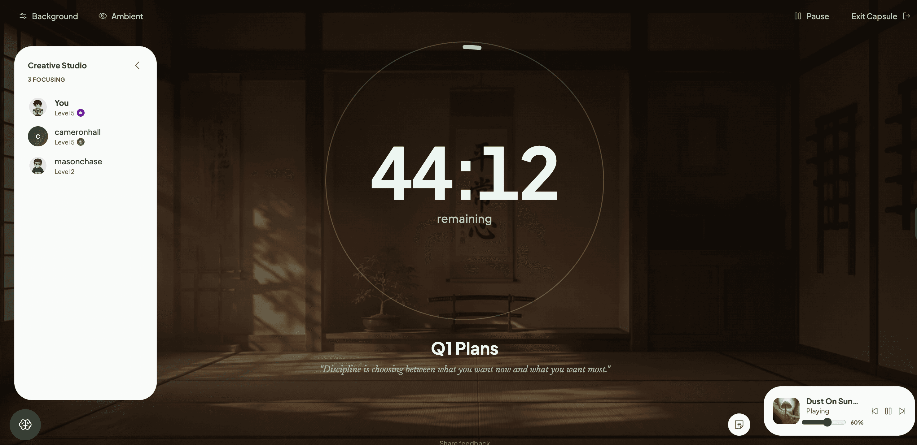 Active focus capsule with the timer, current task, and parking lot for distractions
